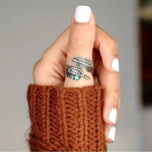 Sterling Feather Wrap Ring with Turquoise Accent - Silver